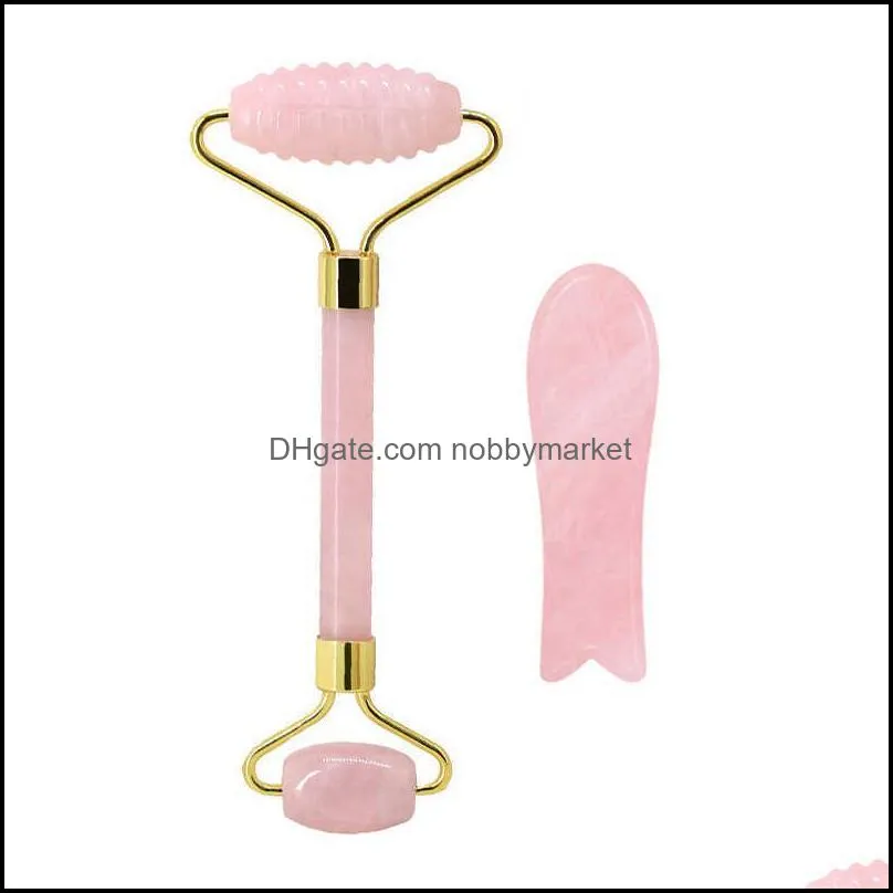 Quartz Face Rose Roller Pink Crystal Jade Designer Massage Tool Guasha Board Scraper Set Massager with Spikes 8IOP