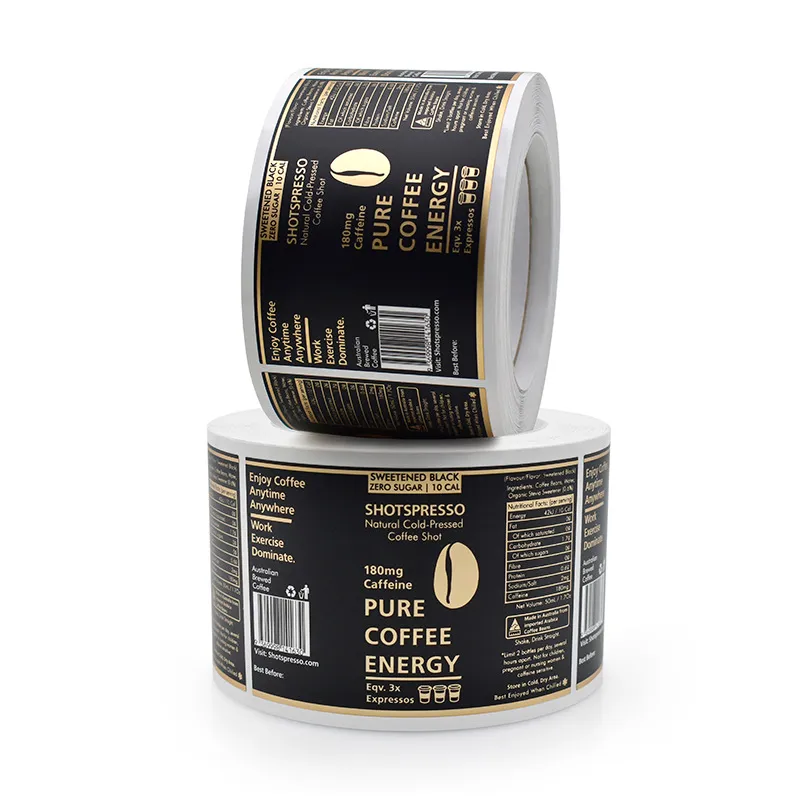 Anpassade kaffepaketetiketter Klistermärken med guldfolie Roll Förpackning Rektangel Etikett Starkt lim