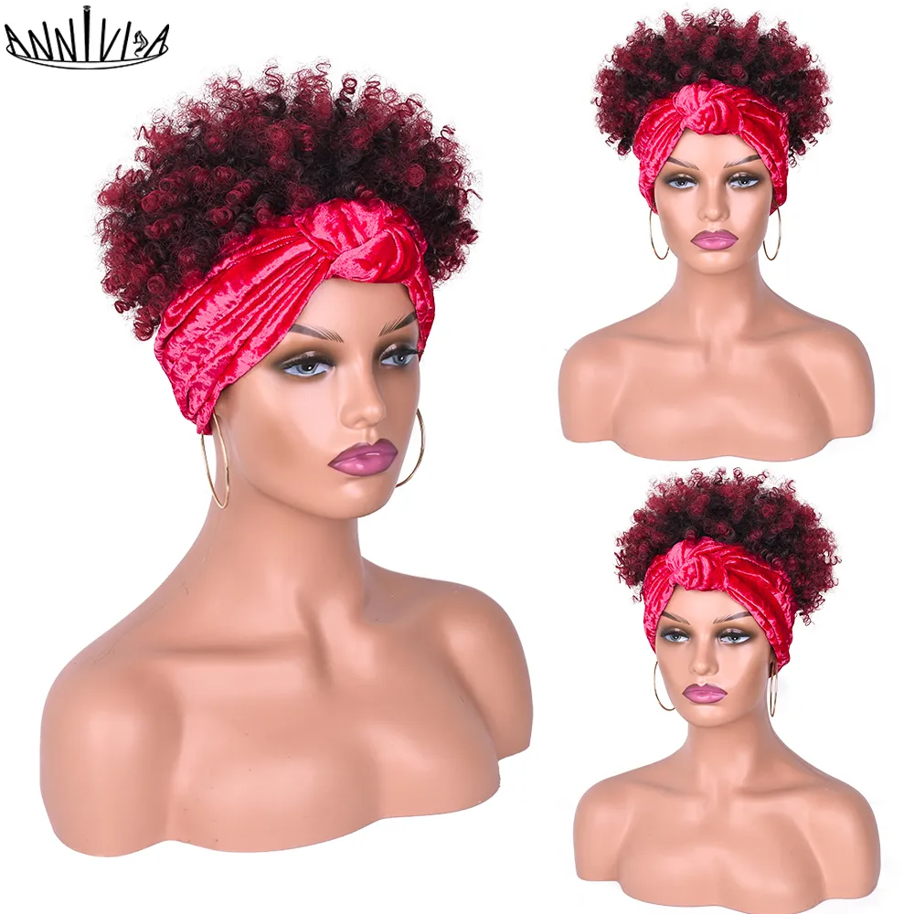 Korte afro kinky krullende synthetische puff pruiken voor zwarte vrouwen trekstring hoofdband ombre pruiken hoge temperatuur vezelhaar anniviaFactory direct