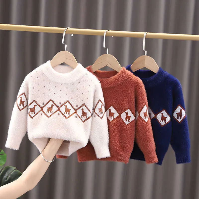 Boys Girls Sweater Knitting Cotton 2021 Scoop Warm Winter Autumn Plus Thicken Velvet Baby Kids Teenagers Children Clothing Y1024