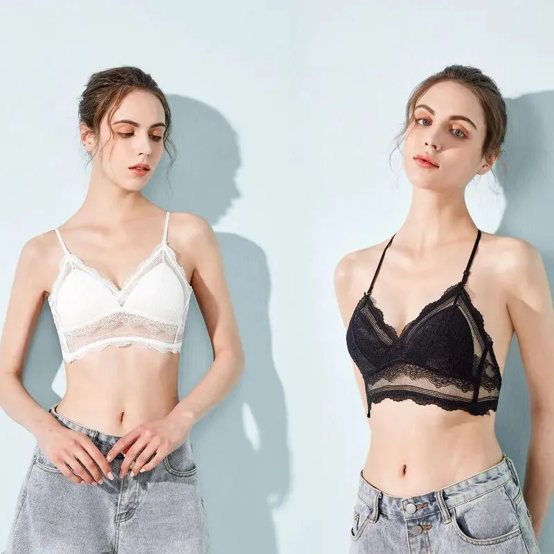 Traje de baño para mujer Espalda abierta En forma de U Hermosa Ropa interior con cuello halter Mujeres Sin anillo de acero Fuera del hombro Encaje Reunir Vestido invisible Triángulo Cu