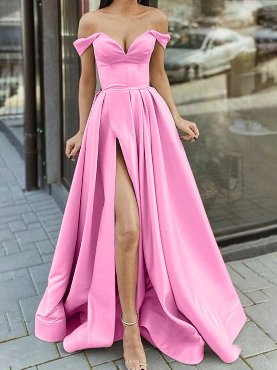 A-line sukienka na studniówkę 2022 Spring Satin Off the ramię V Neck High Slit Długość wieczorowej suknia Formalna elegancka vestidos de gala