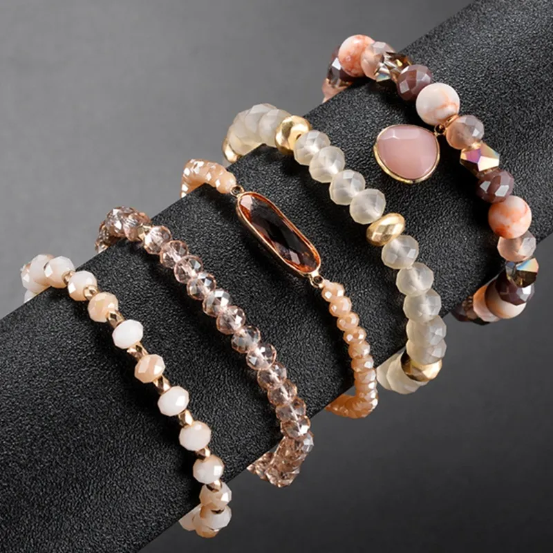 Conjuntos de 5 peças de pulseiras com miçangas boêmias, multicamadas, joias de pedra de cristal natural