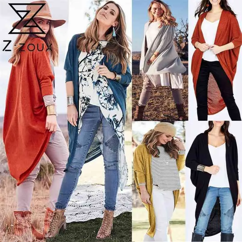 Kobiety Sweter Nieregularny Dzianiny Batwing Rękaw Knit Cardigan Wrap Swing Loose Long Coat Jesień Zima 210513