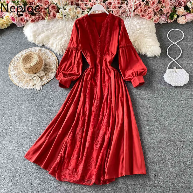 Neploe Vestido Mujer Elegant Slim Lantern Sleeve V-neck Dress Women Korean Robe Temperament Lace Embroidery Large Swing Dresses 210422