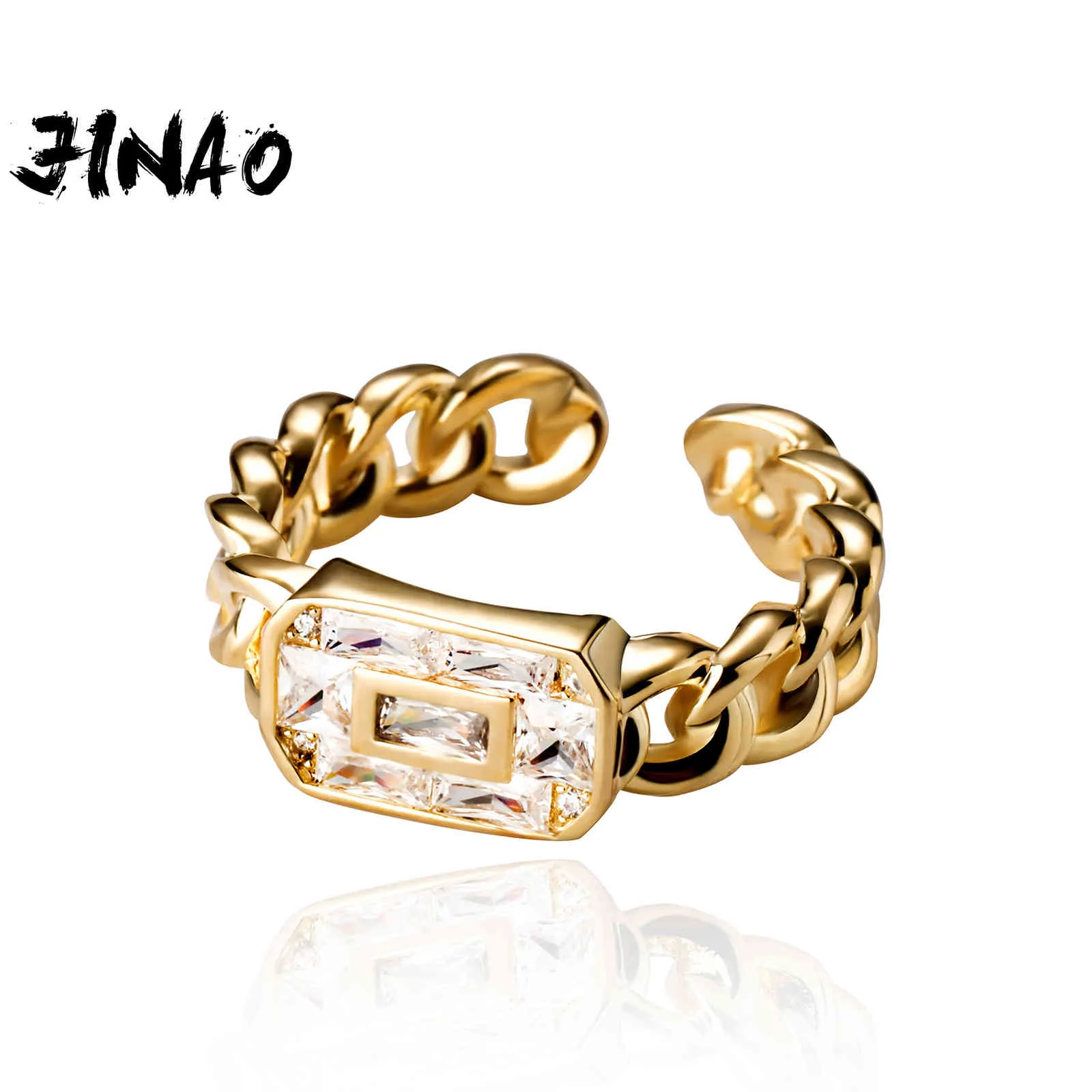 Jinao 2021 Alloy Cuban Chain Design Ring med Rektangulär Zircon Högkvalitativ personlighet Iced Out AAA + CZ Smycken