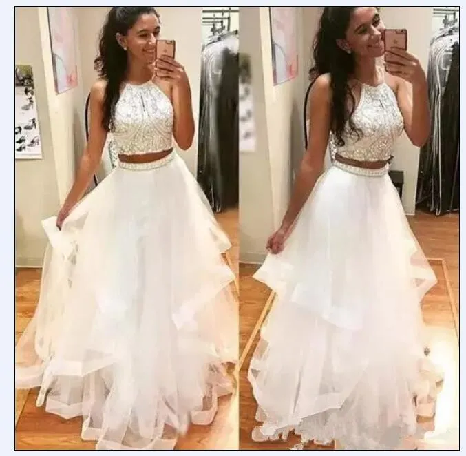 DHgate Elegant Two Piece Prom Dresses with Beaded Crystals Floor Length Plus Size Tiered Skirt Custom Made Evening Party Gown Wedding Party Events