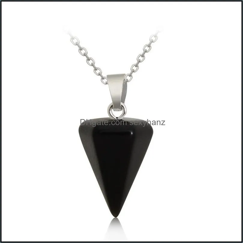 Natural Gemstone Pendant Necklace Crystal Healing Chakra Reiki Silver Stone Hexagonal Prisme Cone Pendulum Charm Necklaces Chain