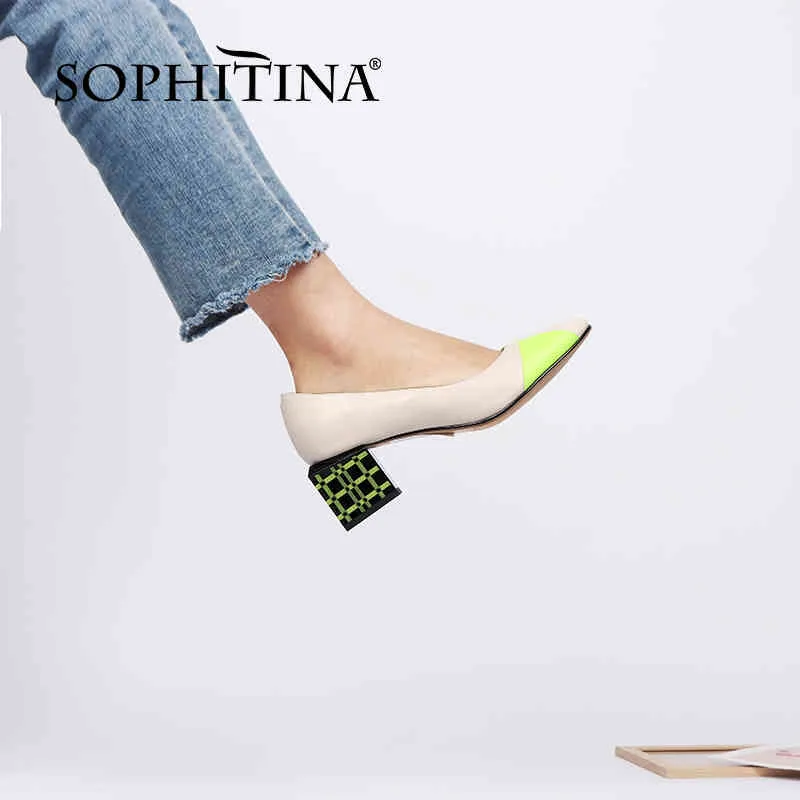Sophitinaスタイリッシュな本革の女性の靴のパンプスストランジヒール中浅いドレス高品質春秋円形のつま先PC997 210513
