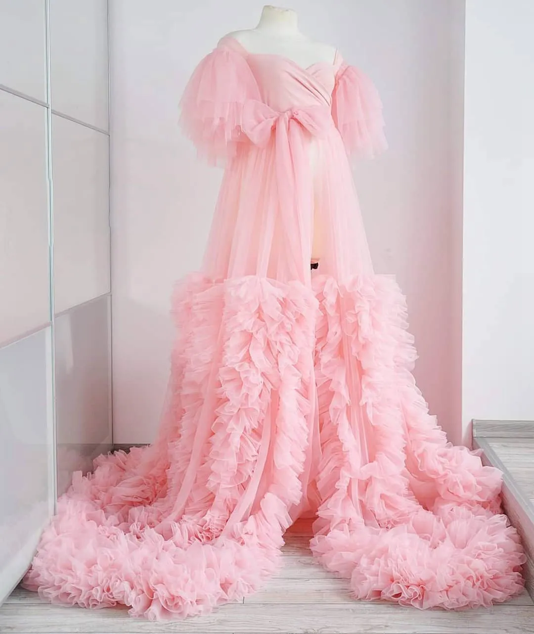 Abiti da ballo a maniche corte gonfi rosa chiaro Abito con volant Abito da sera a strati in tulle Cutsom Made Plus Size Abiti da festa Servizio fotografico Vestidos