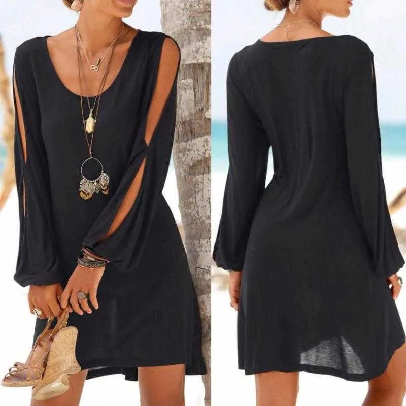 dress Fashion Women Casual O-Neck Hollow Out Sleeve Straight Dress Solid Beach Style Mini dress women 210527