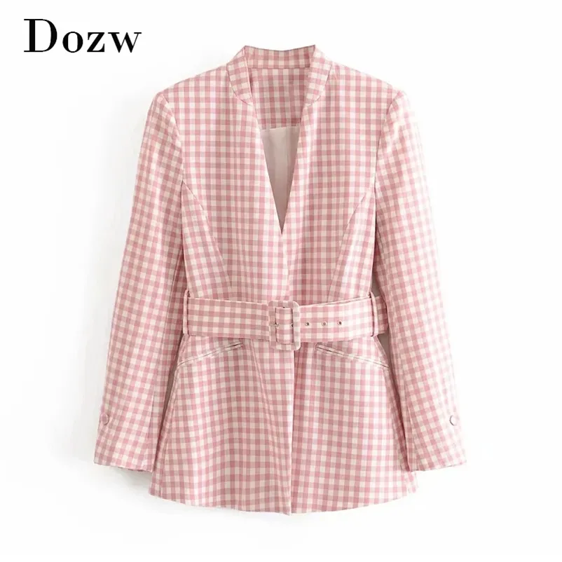 Blazer scozzese moda donna scollo a V blazer rosa con cintura manica lunga petto nascosto cappotto casual femminile Ropa De Mujer 210515