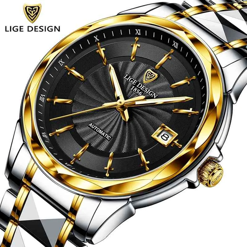 LIGE High-end Luxury Mens Zegarki Automatyczne zegar mechaniczny Tungsten Sapphire Szklany Zegarek 50 m Wodoodporny Zegarek 210527