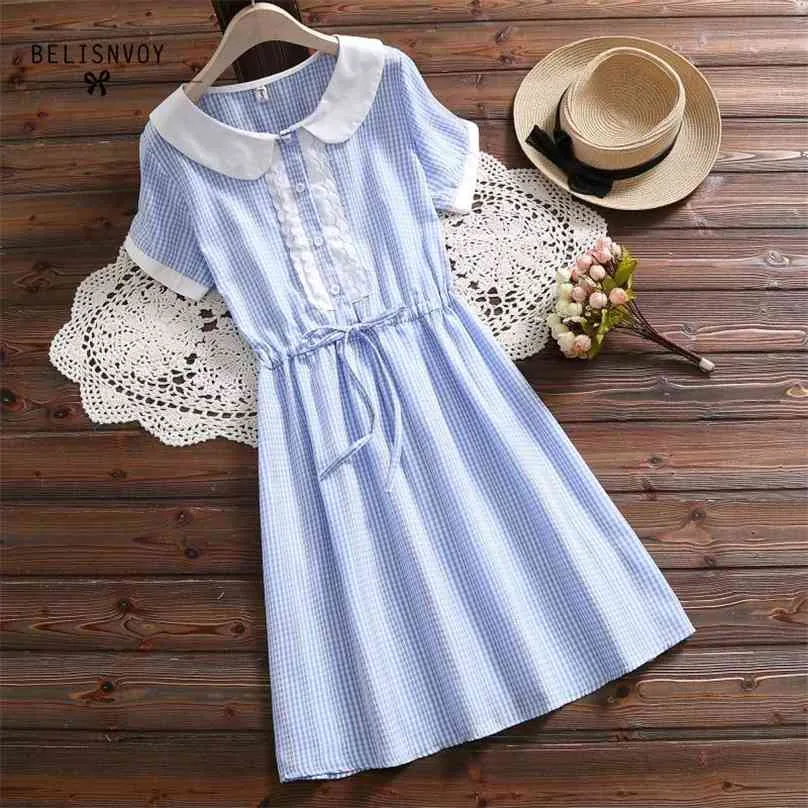 Mori Girl Summer Women Fresh Dress Peter Pan Collar Blue Gray Loose String Elegant Plaid Sweet Short Sleeve ES 210520