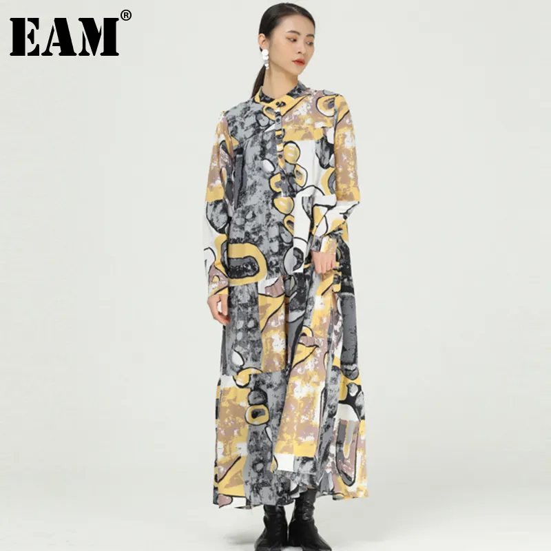 [EAM] Women Black Big Size Printing Tie Dye Dress Stand Collar Long Sleeve Loose Fit Fashion Spring Summer 1DD5921 210512