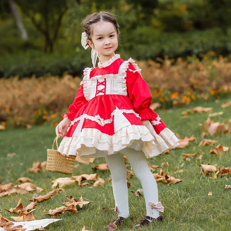 Meninas Bebê Lolita Princesa Bola Vestido Espanhol Menina Vestido Infantil Christer Batening Frocks Crianças Ano Vestidos Vermelhos 210615