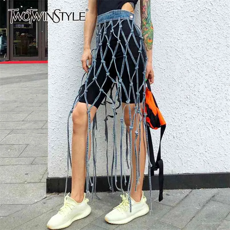 Джинсовая юбка для женщин Свободные полые дизайнерские дизайнер Лоскутная асимметричная уличная одежда Юбки Женская летняя одежда 210521