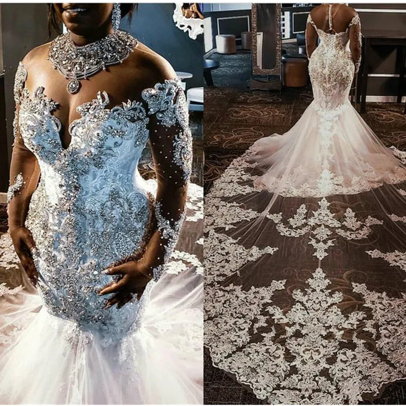 Sheer Malha Top Lace Sereia Vestidos Noiva Tule Applique Frisado Cristais Mangas Longas Vestidos De Noiva com Trem Destacável