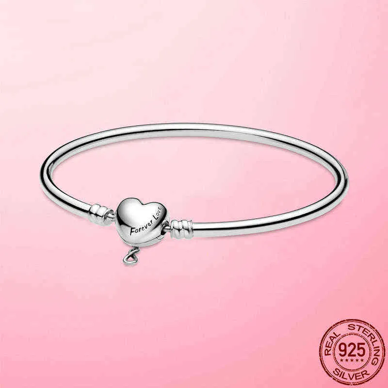 Real 925 Sterling Silver Trendy Original Bracelet Simple Forever Love Heart Bangle for Women S925 Girlfriend Gift