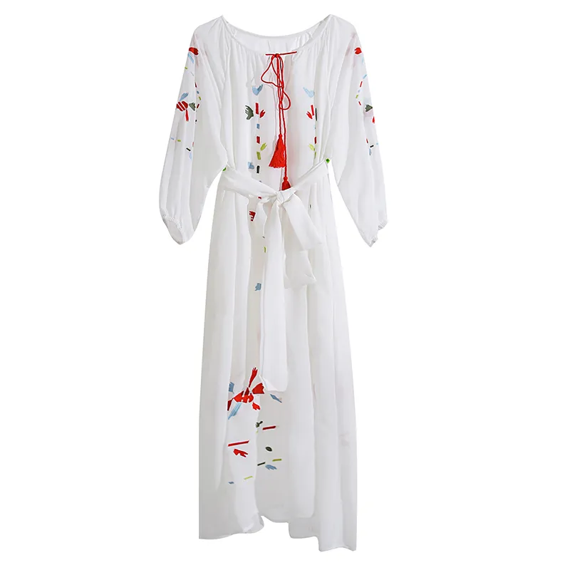 Femmes blanc bleu marine en mousseline de soie robe à col rond bohème broderie ceinture plage vacances Midi printemps été D2395 210514