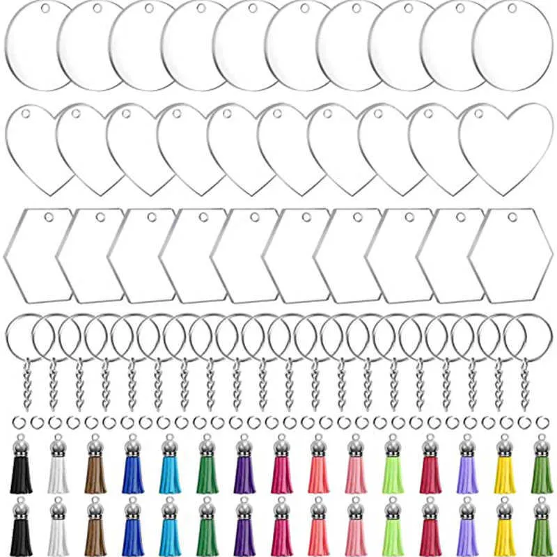 Akrylämnen Nyckelringar Tassels Ställ Clear Circle Heart Hexagon Blanketter med Hopp Ringar för Vinyl Crafting DIY smycken nyckelringar H0915