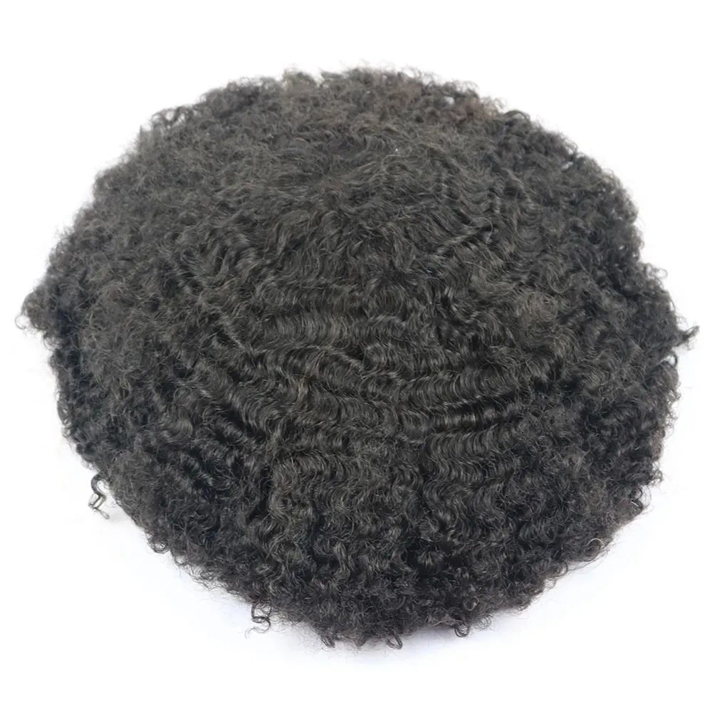 Jet Black Skin Afro Curly Toupee 10MM Man Weave Hair Mens Kinky Curl Male Toupees 100% Human Hairs Wigs Full Machine Made