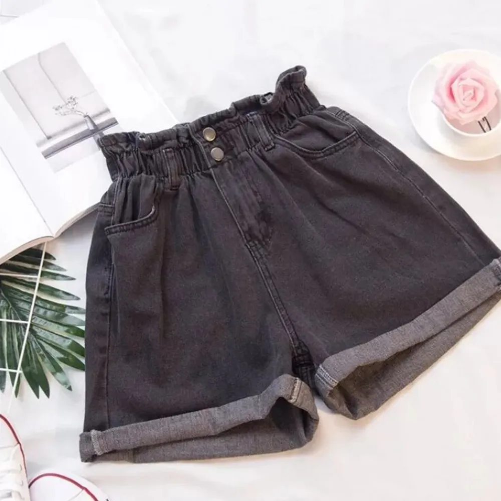 Large Size 5XL Summer Women's Denim Shorts Ruffle High Waist Blue Wide Leg Shorts Female Casual