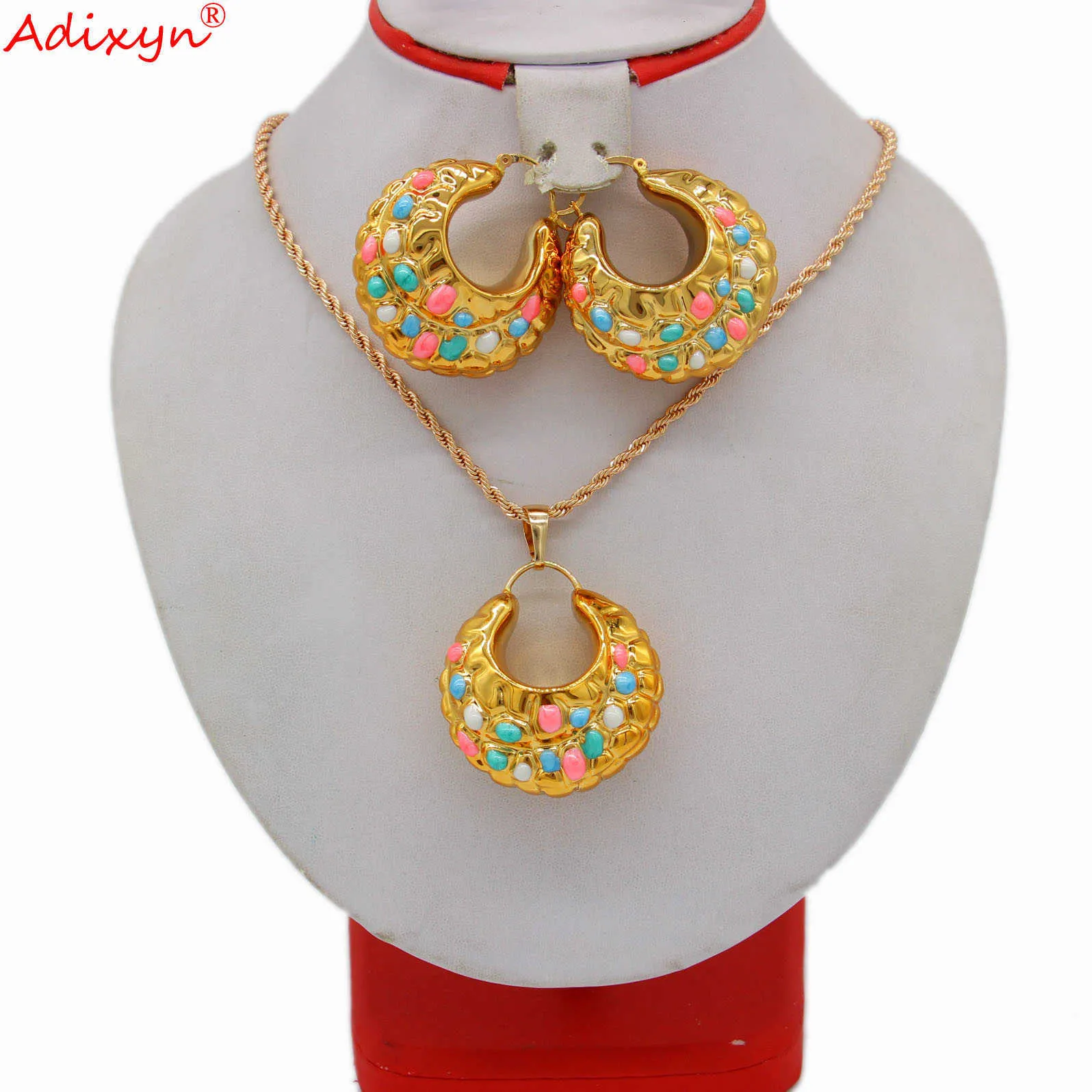 Adixyn luxe multicolore ensemble de bijoux couleur or pendentif collier boucles d'oreilles pour femmes filles fête anniversaire ethnique cadeaux n04223 H1022