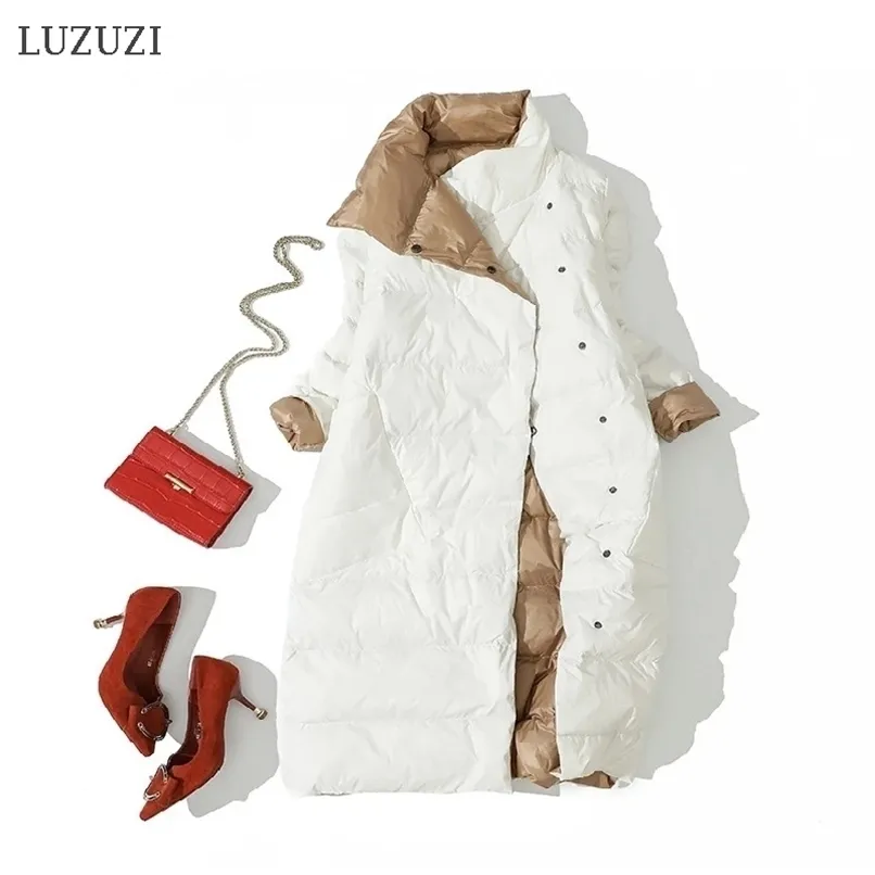 LUZUZI femmes Double face vers le bas longue veste hiver col roulé blanc duvet de canard manteau Double boutonnage chaud Parkas neige Outwear 211007