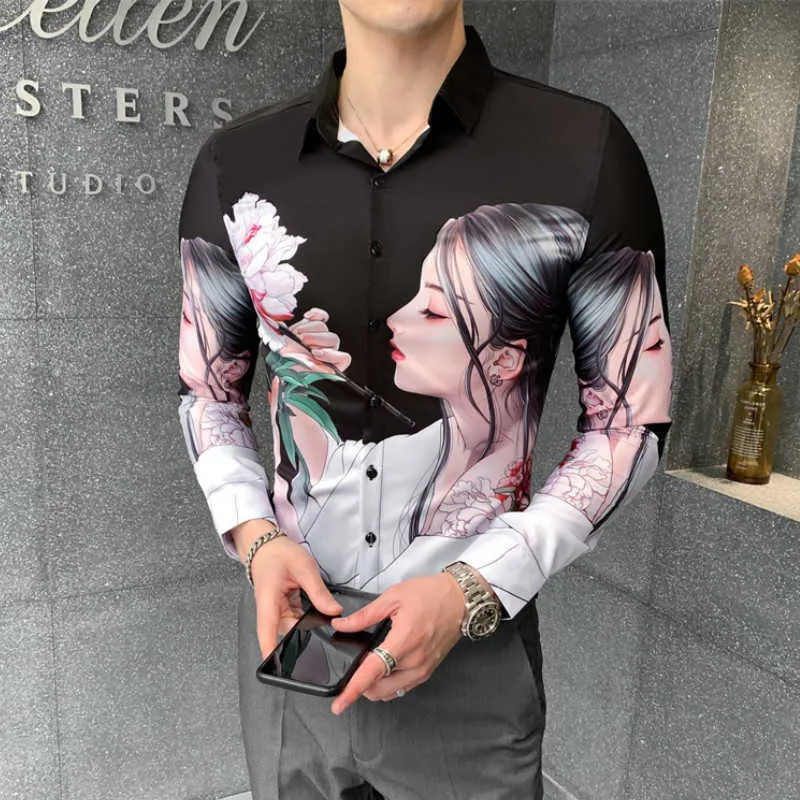 Schönheit Druck Männer Hemden Herbst Langarm Casual Hemd Slim Fit Social Party Bluse Streetwear Camisa Masculina Ropa Hombre 210527