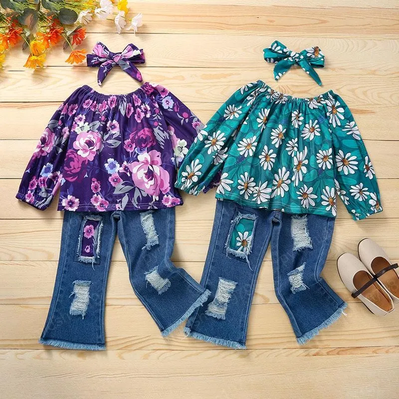 bambini Completi di abbigliamento ragazze Abiti floreali Bambini Stampa floreale Top + Pantaloni in denim con foro + Fascia per capelli 3 pezzi / set Primavera Autunno moda vestiti per bambini