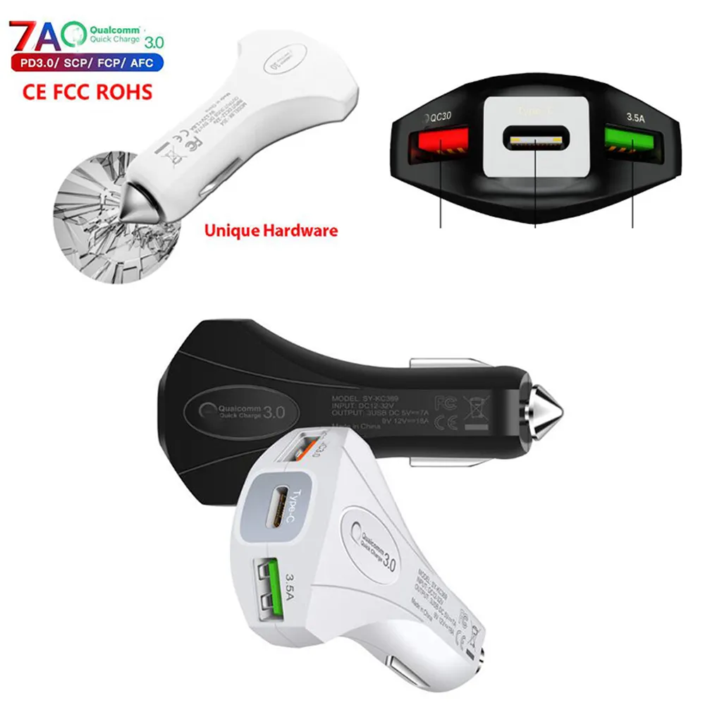 Comincan Car Charger Mini 2USB-poorten QuickCharge 3.0 met Type-C Safety Emergency Hammer Snelle autoladeradapter