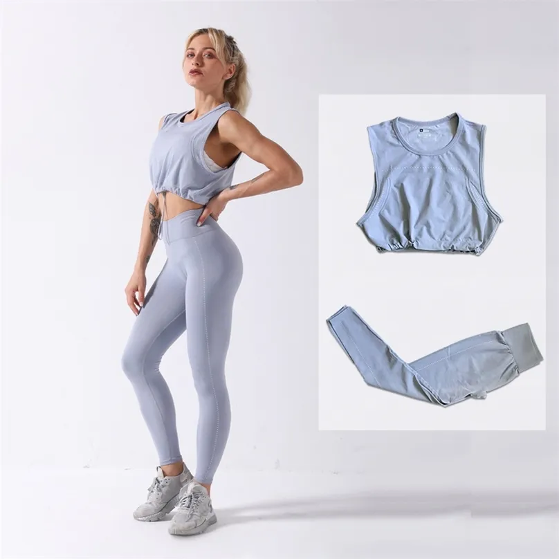 Sportdräkt för kvinnor Seamless Yoga Set Drawstring Ärmlös Top Push Up Leggings 2 stycke Solid Gym Kläder Sportkläder 210802