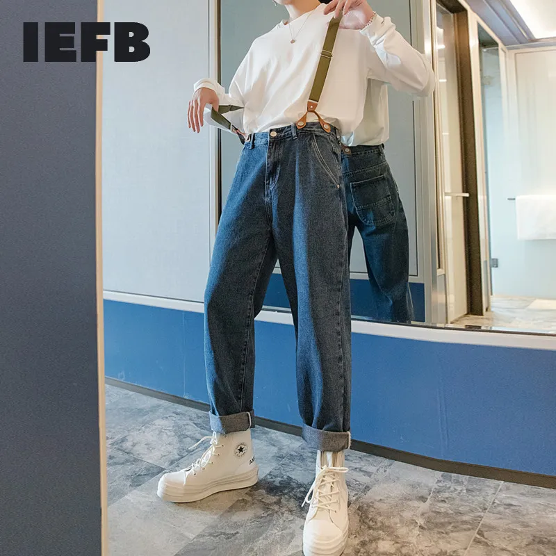 IEFB Abbigliamento da uomo Salopette dritta primaverile Pantaloni di jeans blu Jeans alla moda da uomo stile coreano alla moda con cinturino casual 9Y3620 210524