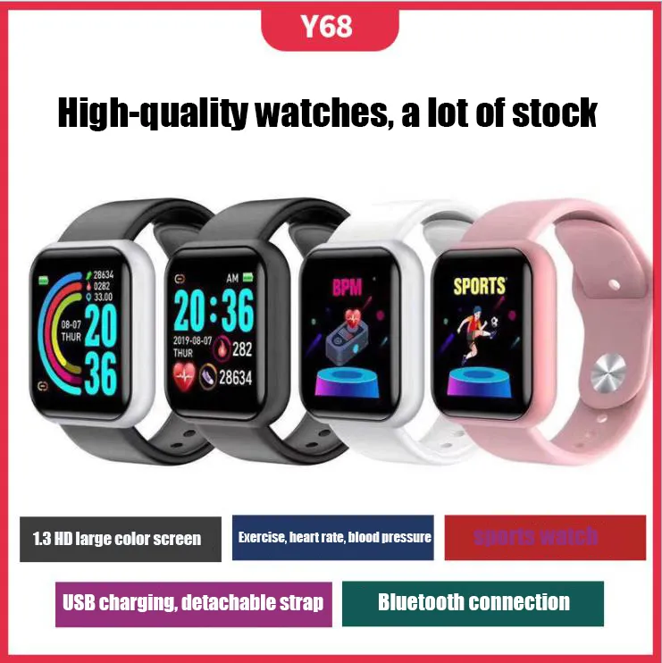 Y68 Smart Watches Heart Rate Watch Sport SmartWatches Smart Bluetooth Band Vattentät SmartWatch Android Gift Barn Affär Vuxen användning