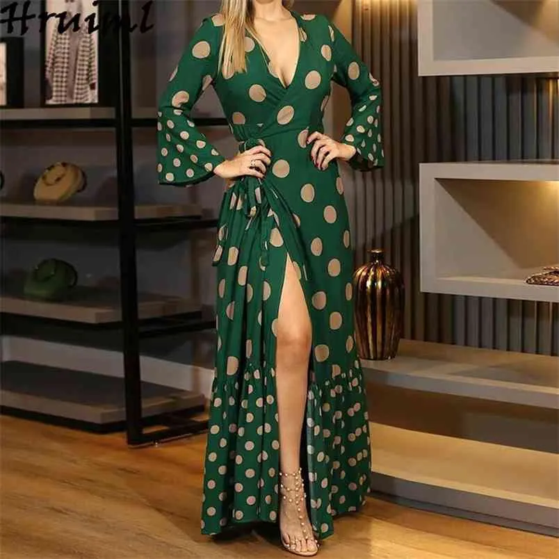 여성을위한 드레스 가을 패션 인쇄 플레어 슬리브 V 목 긴 우아한 높은 허리 쉐시 스플릿 파티 클럽 플러스 크기 210513