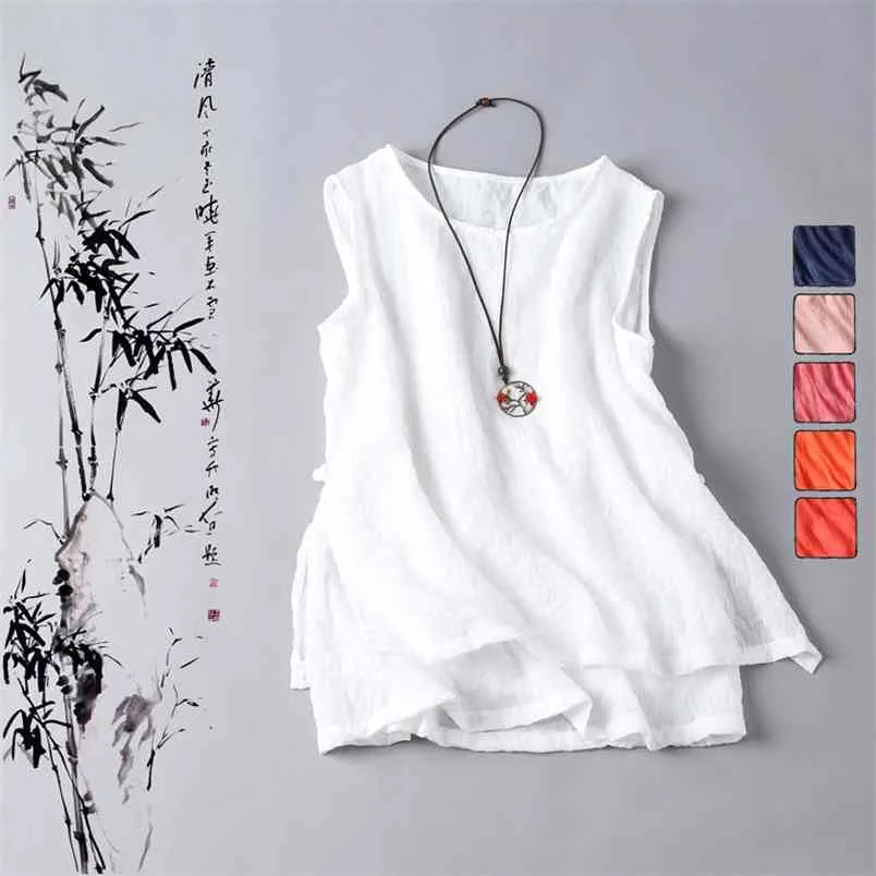 Summer Arts Style Women sleeveless Tank Tops cotton linen Casual White Femme Vintage Plus Size S731 210512