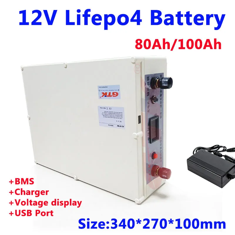 GTK 12V 80Ah 100Ah lifepo4 battery 3.2v cells built-in BMS for Vehicle power supply Large ship machine +10A charger