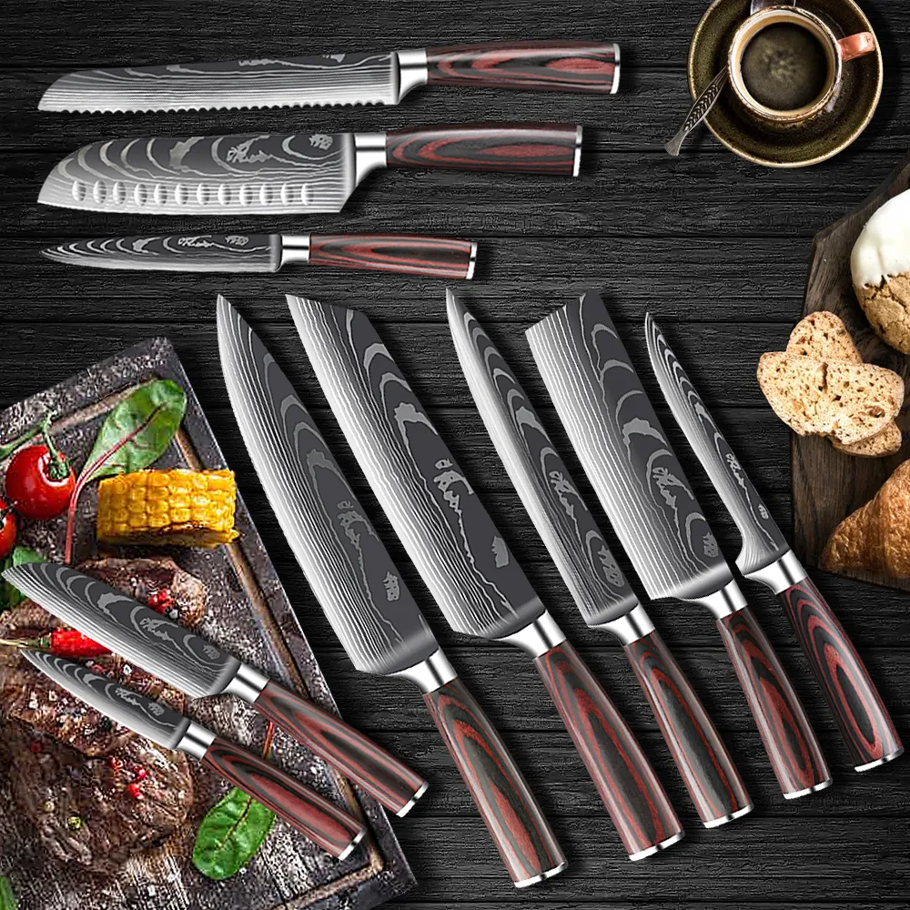 Roestvrij staal Japanse Keuken Messen-Set Laser Damascus Patroon Chef Mes Professionele Sharp Cleaver Steak Paring Brood Mes Koken Tool