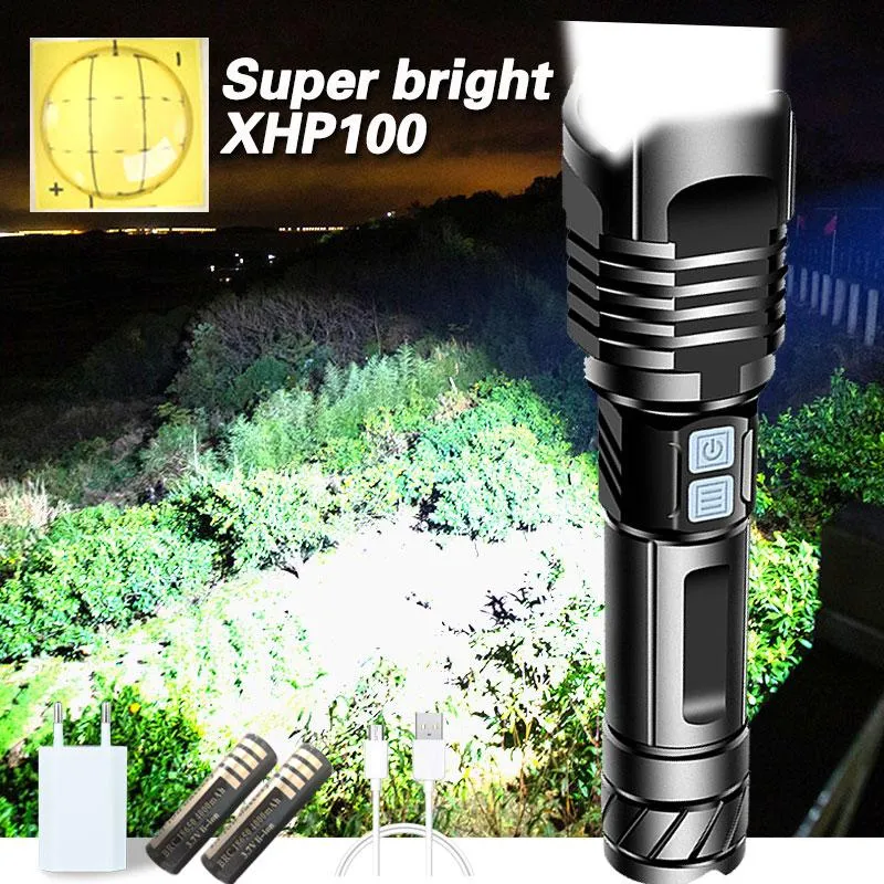 El feneri meşale süper parlak xhp100 güçlü LED meşale xhp90 taktik USB şarj edilebilir flaş ışık 18650 26650 fener
