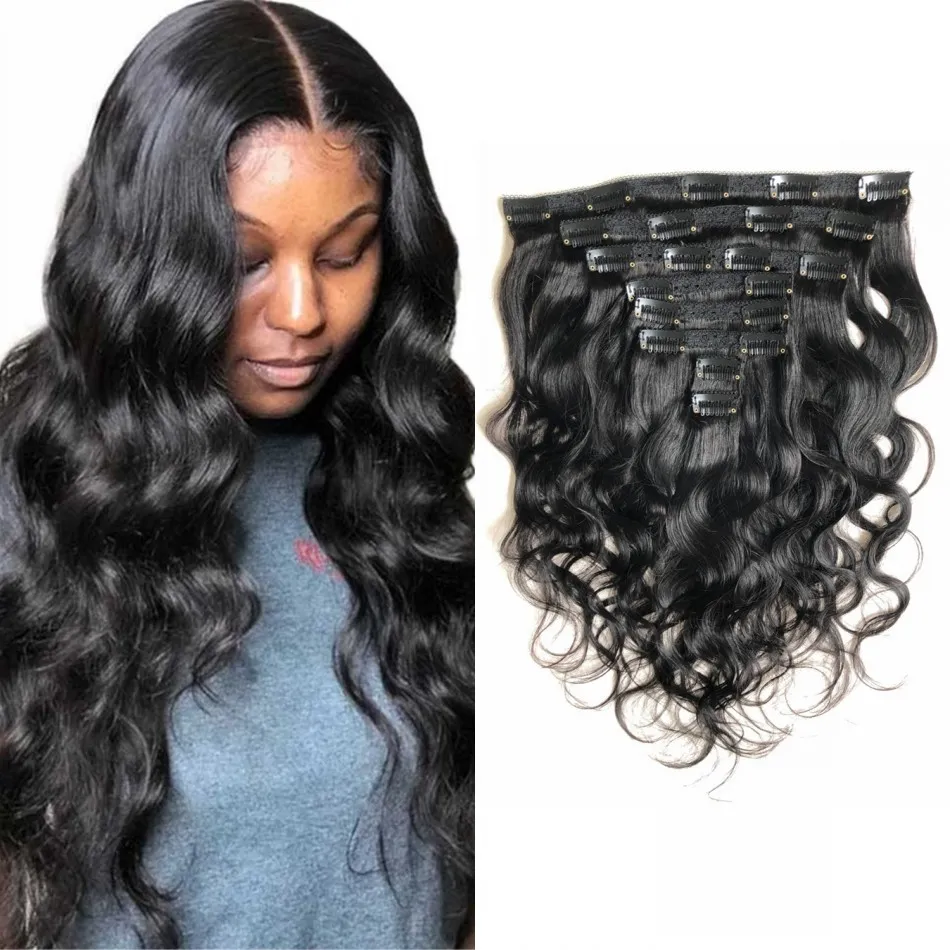 Clip dans les extensions de cheveux humains vague de corps malaisienne 120G/Set 8 pièces Remy couleur naturelle Clip ins 8-24 pouces