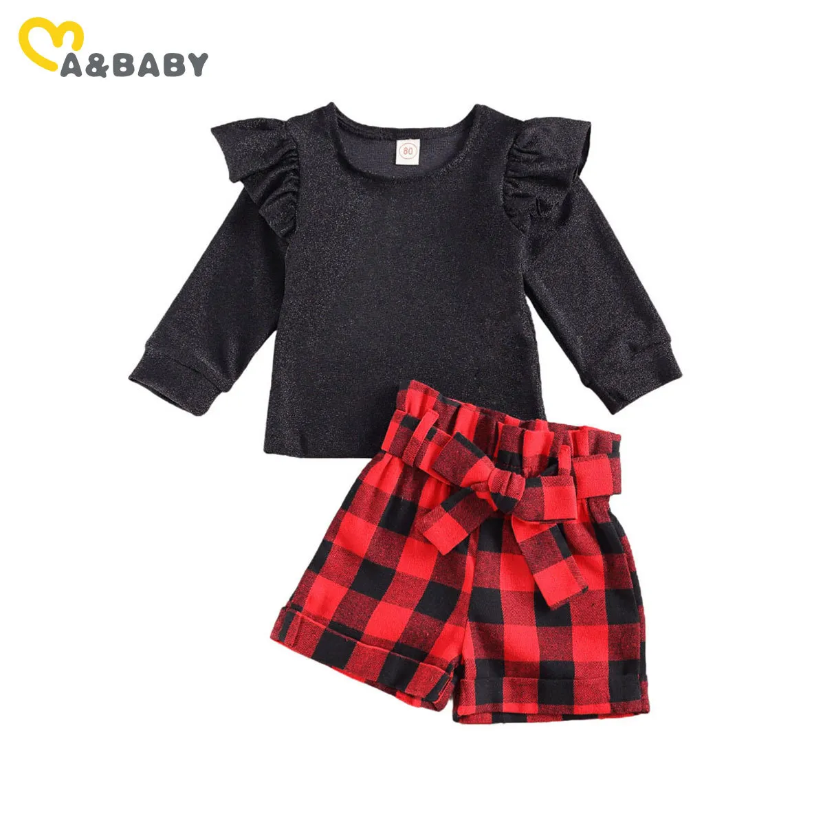 1-5Y Toddler Kid Girls Christmas Clothes Set Ruffles Långärmad T-shirt Toppar Bow Plaid Shorts Xmas Red Outfits 210515