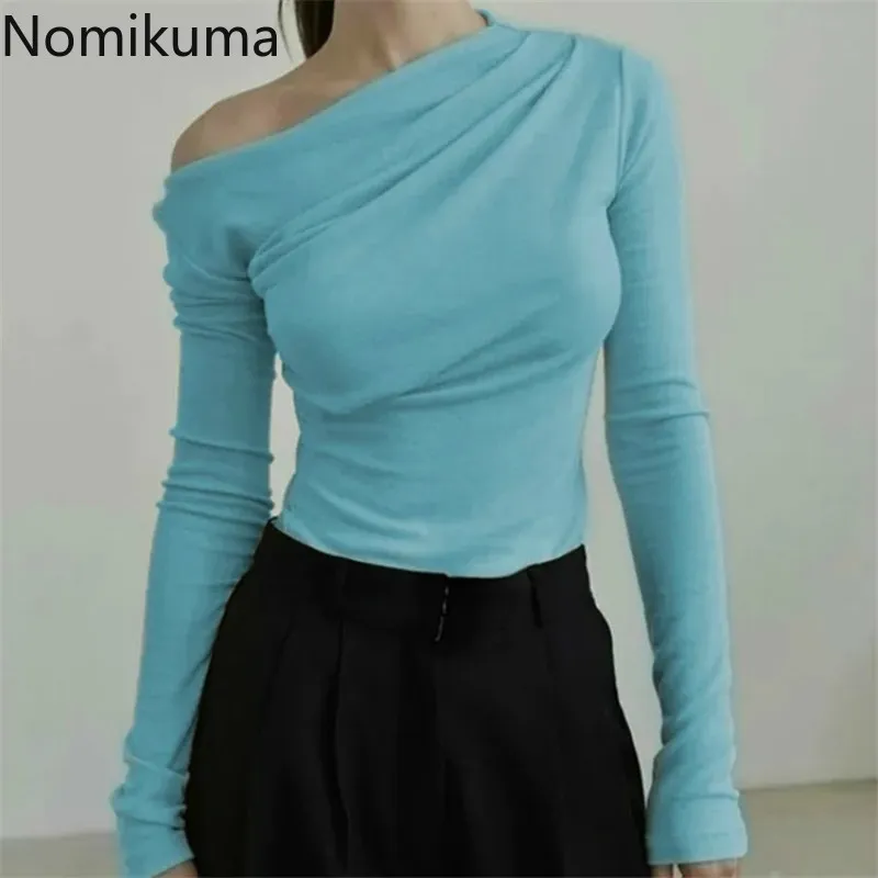 Nomikuma slash nek sexy strapless grafische t-shirts lente slanke vrouwen tops lange mouwen stretch t-shirt mujer camisetas 6E179 210427