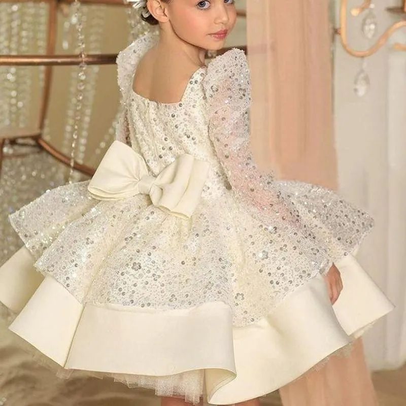 Girl's Dresses Ivory/Pink Sequined Flower Girl Long Sleeves Short Lilttle Kids Birthday Pageant Weddding Ball Gowns