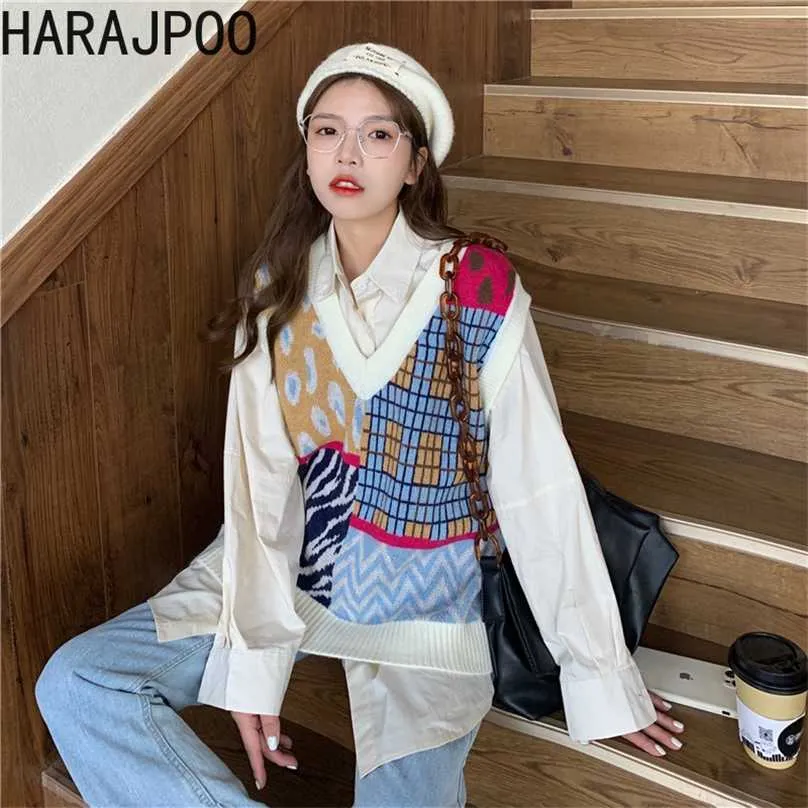Harajpoo Kobiety Kamizelka Vintage V Neck Lattice Stripe Drukowane Dzianiny Spring Spadek Koreański Ins Preppy Style Luźny Sweter Top 211105
