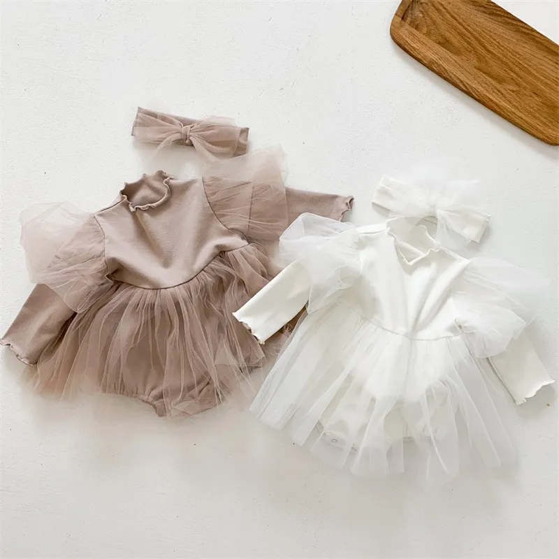 Spring Baby Girls Romper Dress White Tutu Nyfödd långärmad 1: a födelsedagsbarn Småbarn med pannband 2st kläder 2268 V2