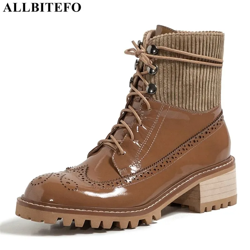 ALLBITEFO arriva vera pelle punta quadrata tacchi spessi stivali da donna scarpe tacco alto stivaletti per donna scarpe da ragazza 210611