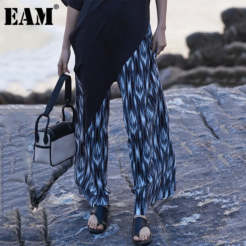 [EAM] Svart tryckt hög elastisk midja brett benbyxor lös full längd byxor kvinnor mode vår sommar 1dd8034 21512