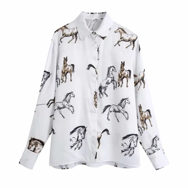 Camisa de satén con cuello vuelto y estampado de caballos para mujer, Blusa de manga larga para mujer, Tops holgados informales para mujer, Blusas S8162 210317