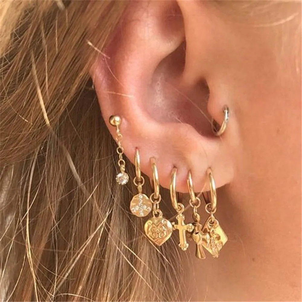 Vintage or boule croix coeur géométrique boucles d'oreilles ensembles pour femmes cadeau Punk mode cristal perle boucles d'oreilles bijoux 2021